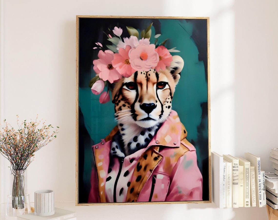 Floral Crown Cheetah in Pink Jacket Maximalist Teal Animal Poster