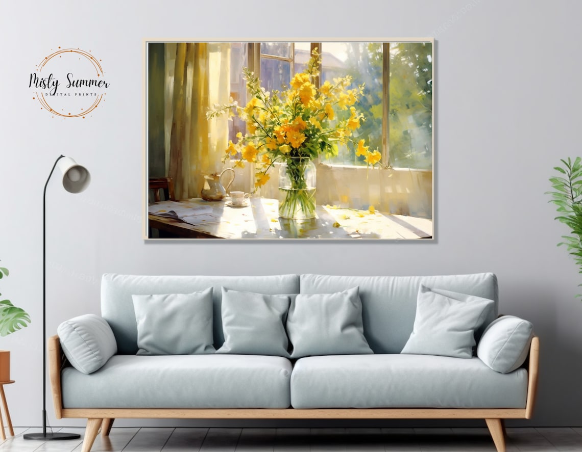 Watercolor Vase of Yellow Flowers, Sunny Window Art Print - Image 3