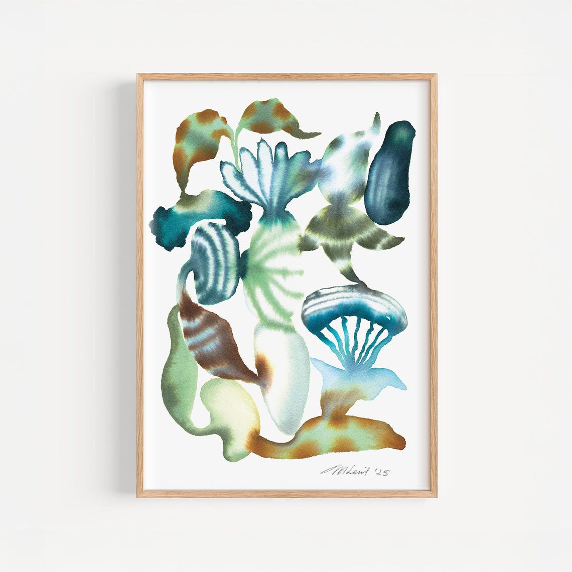 Teal Rust Botanical Watercolor Shell Forms Abstract Art Poster