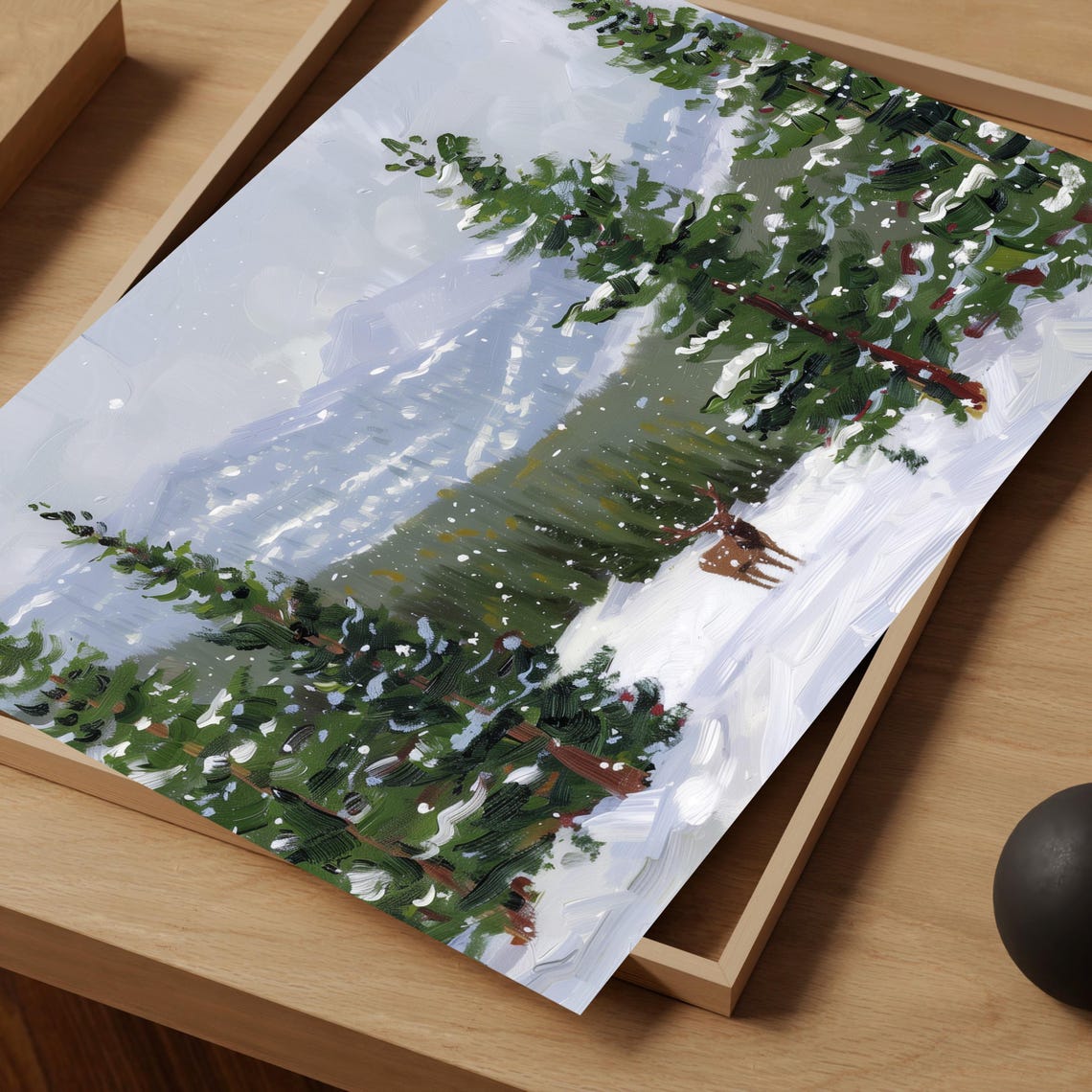 Elk In Snowy Pine Forest Mountain Winter Landscape Painting Art Print - Image 3