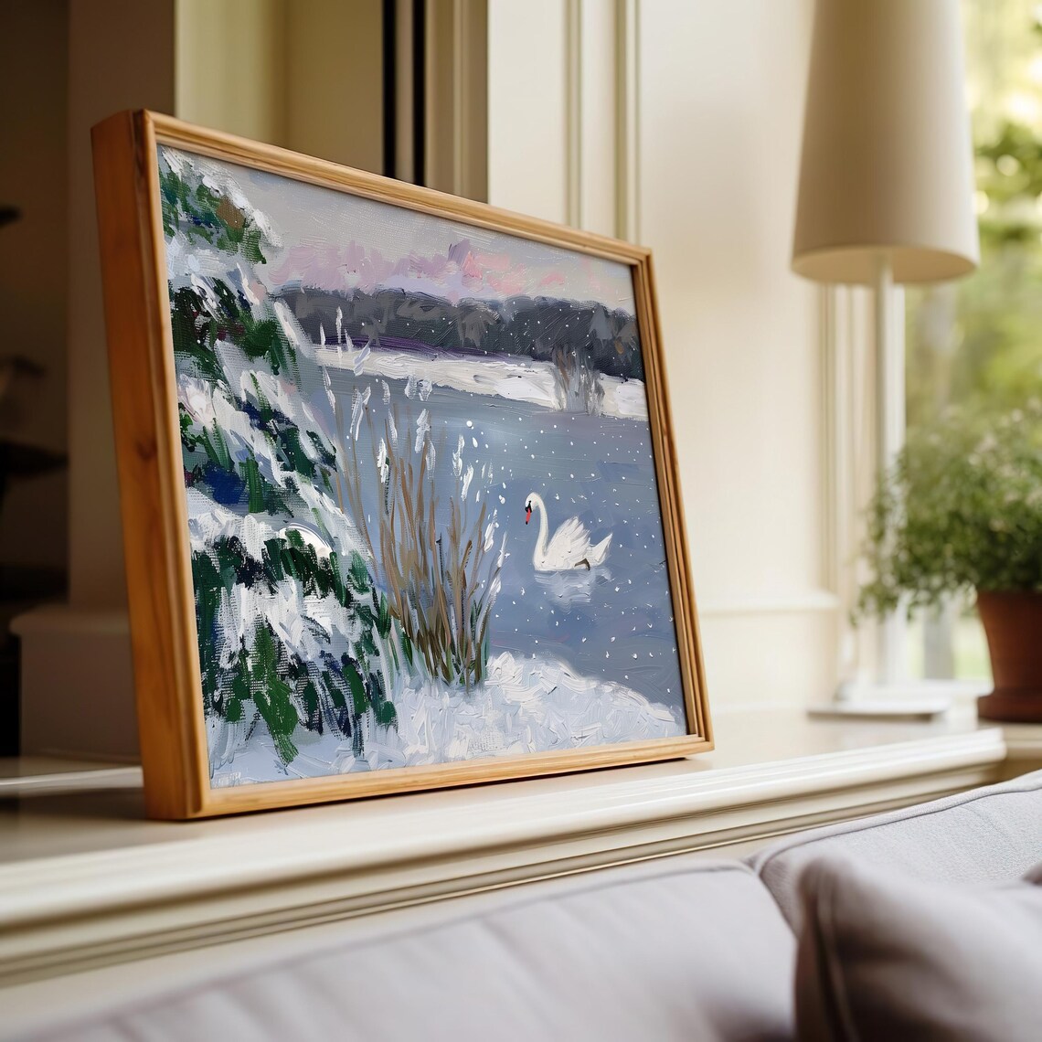 Winter Swan Lake Snowy Landscape Painting Serene Holiday Art Print - Image 2