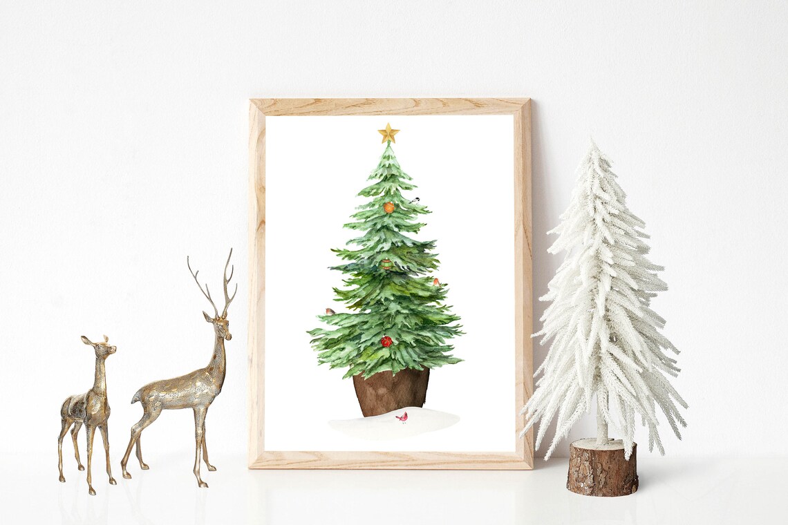 Watercolor Christmas Tree With Gold Star And Cardinal Woodland Poster - Image 2