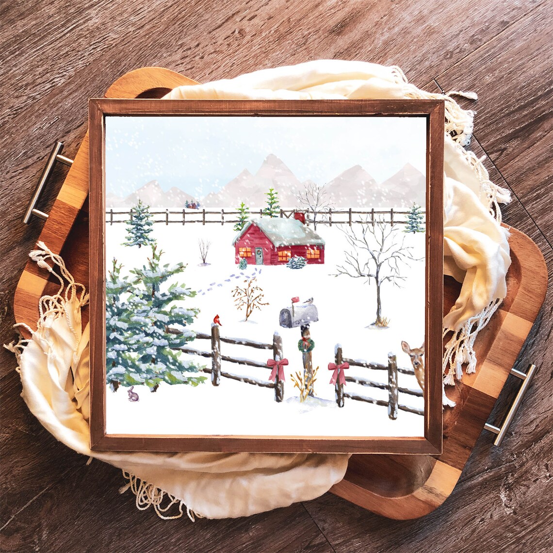 Country Christmas Square 4x4 Up To 20x20 Christmas Wall Art Holiday Decor Watercolor Woodland Winter Print Diy Tiered Tray Decor