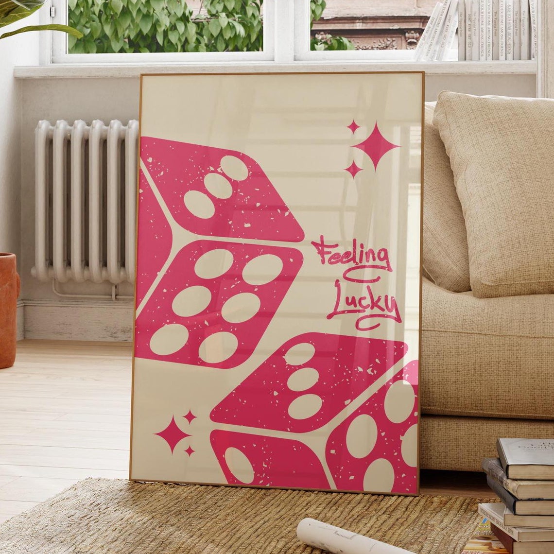 Feeling Lucky Magenta Dice Sparkle Retro Casino Wall Decor Poster