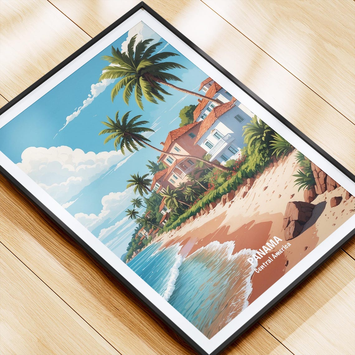 Panama Palm Lined Beach And Coastal Village Sunset Travel Poster - Image 4