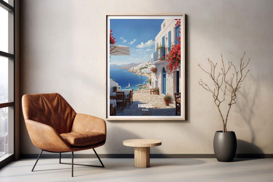 Paros Greece Seaside Cafe Terrace With Red Bougainvillea Poster - Image 2