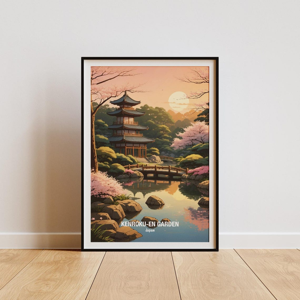 Japan Kenrokuen Garden Cherry Blossom Pagoda Sunset Pond Poster