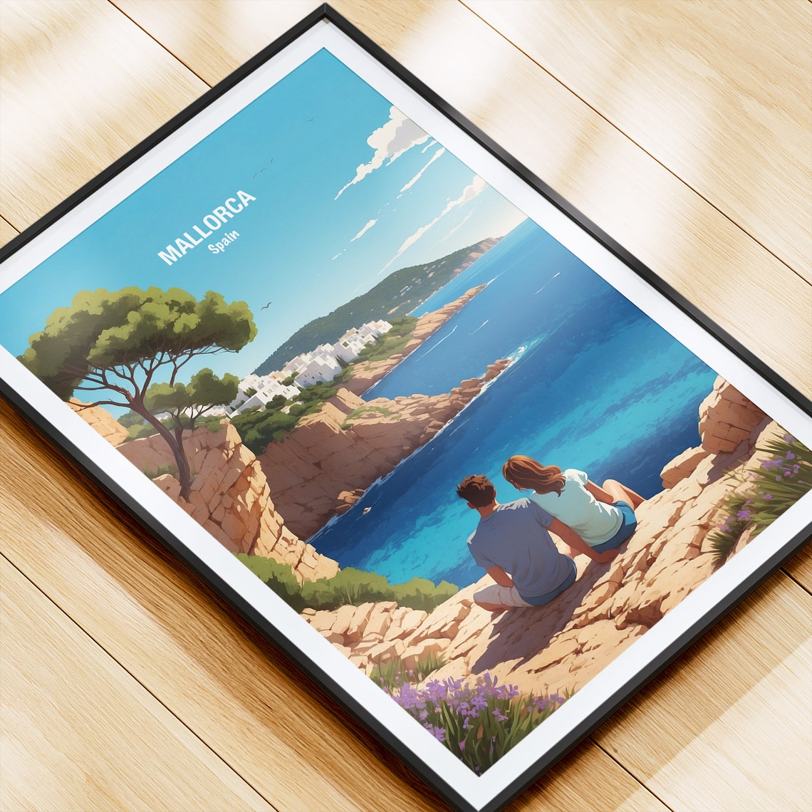 Mallorca Spain Rocky Cliffside Couple Deep Blue Sea View Poster - Image 4