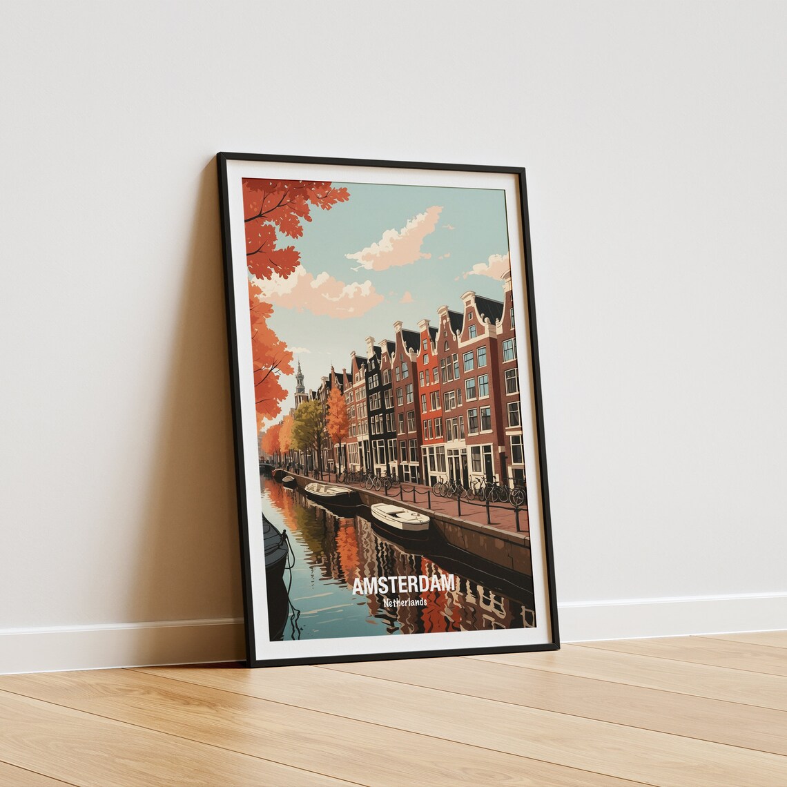 Amsterdam Netherlands Autumn Canal Houseboats Golden Glow Poster - Image 5