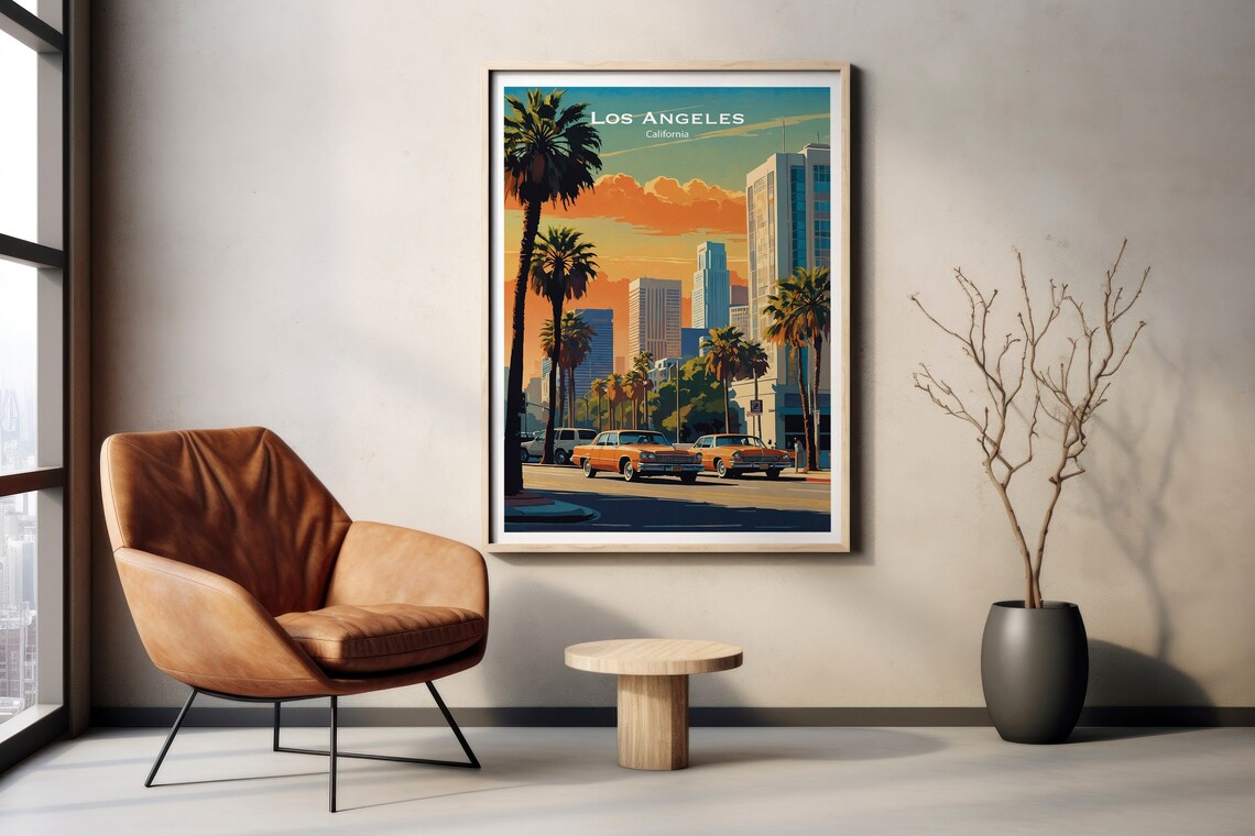 Los Angeles Retro Downtown Skyline Palm Trees Sunset Drive Poster - Image 3