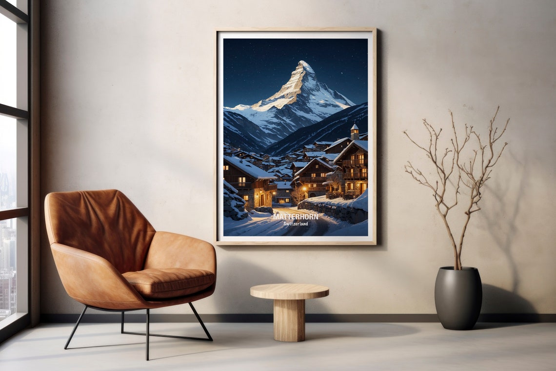 Matterhorn Switzerland Night Village Glowing Starry Peak Poster - Image 2