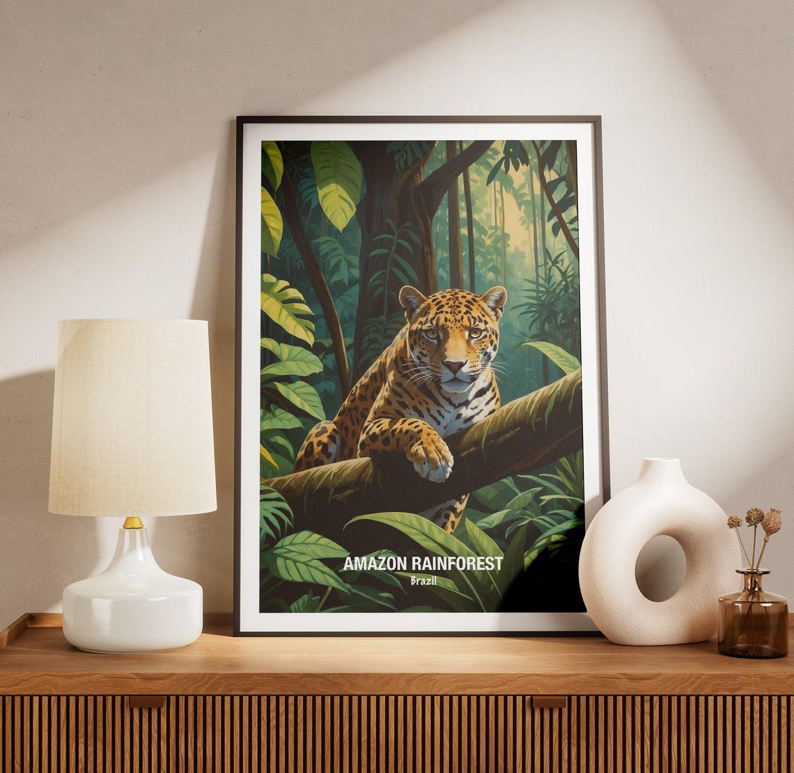 Amazon Rainforest Jaguar Resting On Branch Wildlife Art Poster - Image 3