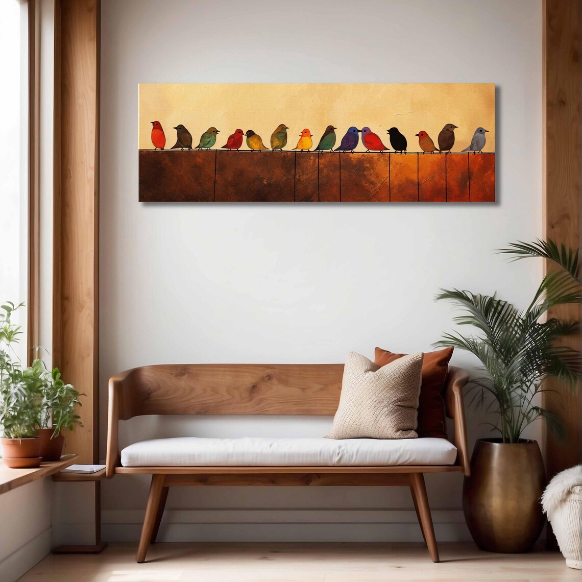 Colorful Birds On Wire Mid Century Modern Abstract Folk Art Poster - Image 4