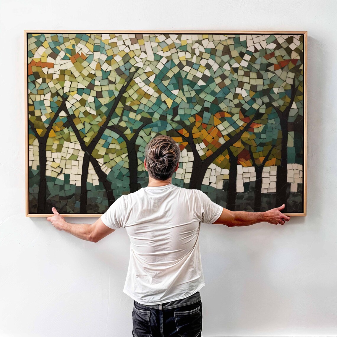 Mosaic Forest Trees Autumn Teal Tiles Modern Nature Art Poster - Image 4