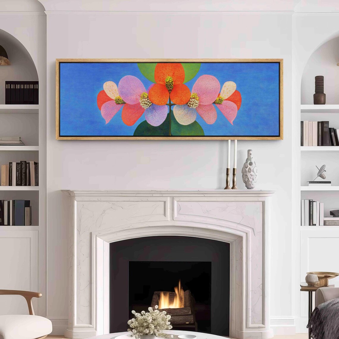 Colorful Geometric Blossoms on Cobalt Blue Modern Floral Wall Art - Image 3