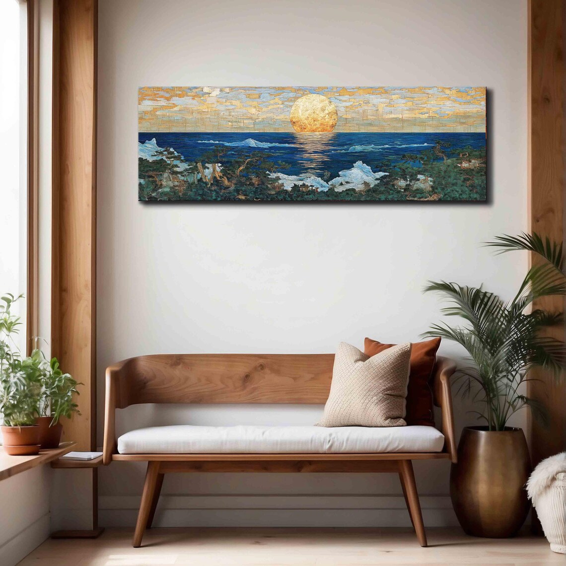 Golden Moon Rising Over Deep Blue Ocean Japanese Seascape Wall Art - Image 4