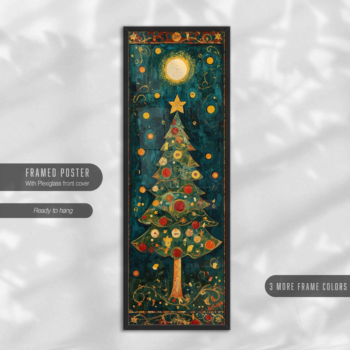 Vintage Folk Christmas Tree Teal Gold Ornaments Star Festive Art Print - Image 4