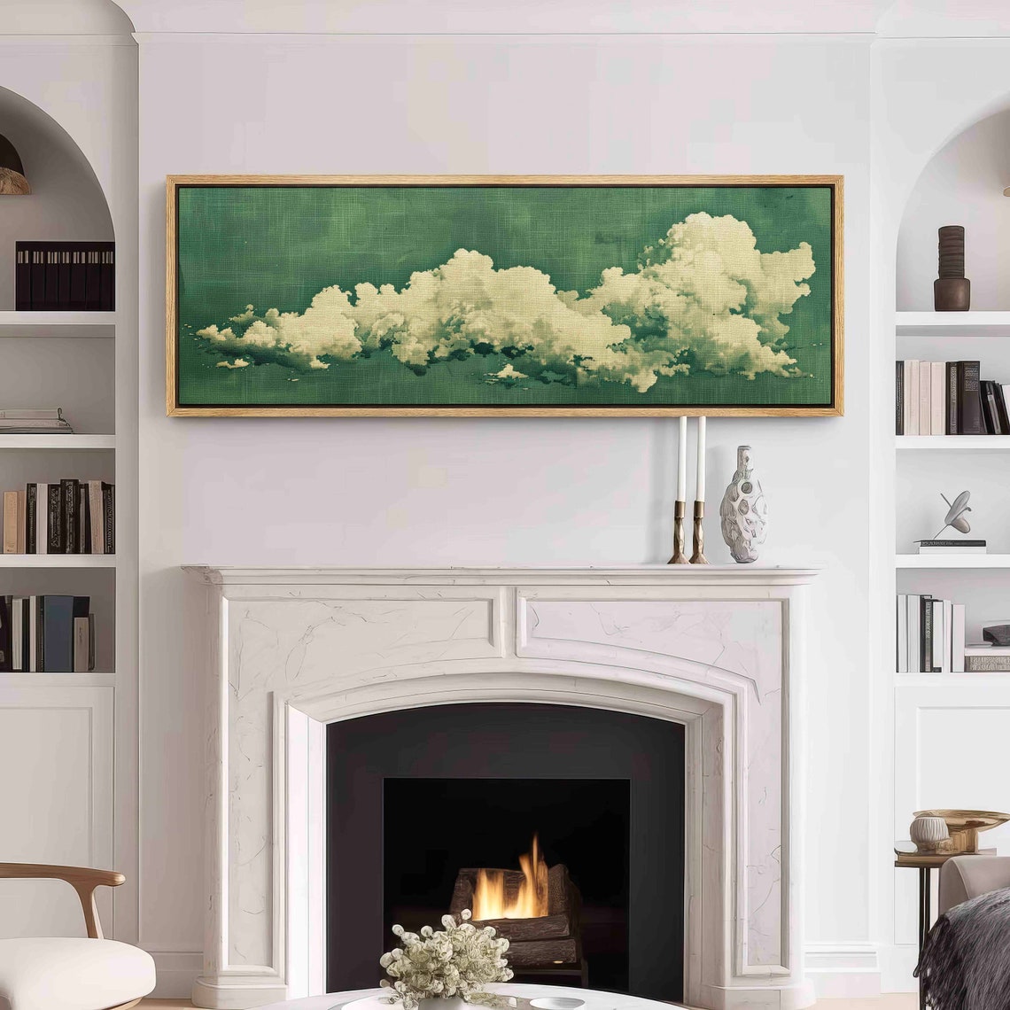 Seige Green Cloud Wall Art Framed Minimalist Cloud Wall Art Framed Horizontal Wall Art Large Print Oversized Panoramic Wall Decor - Image 3