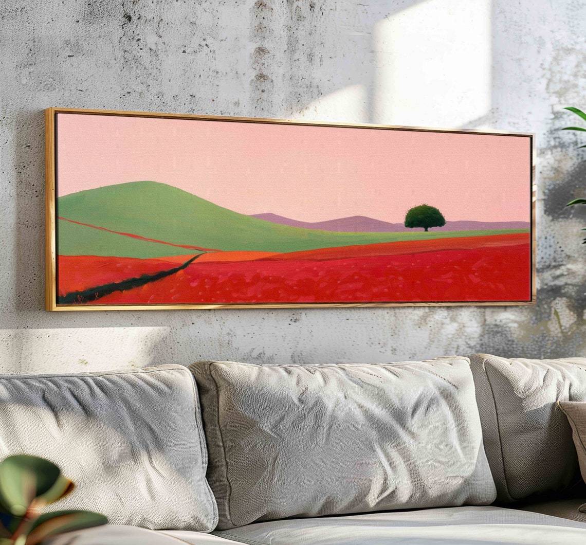 Minimalist Red Field Green Hills Pink Sky Panoramic Framed Art Print