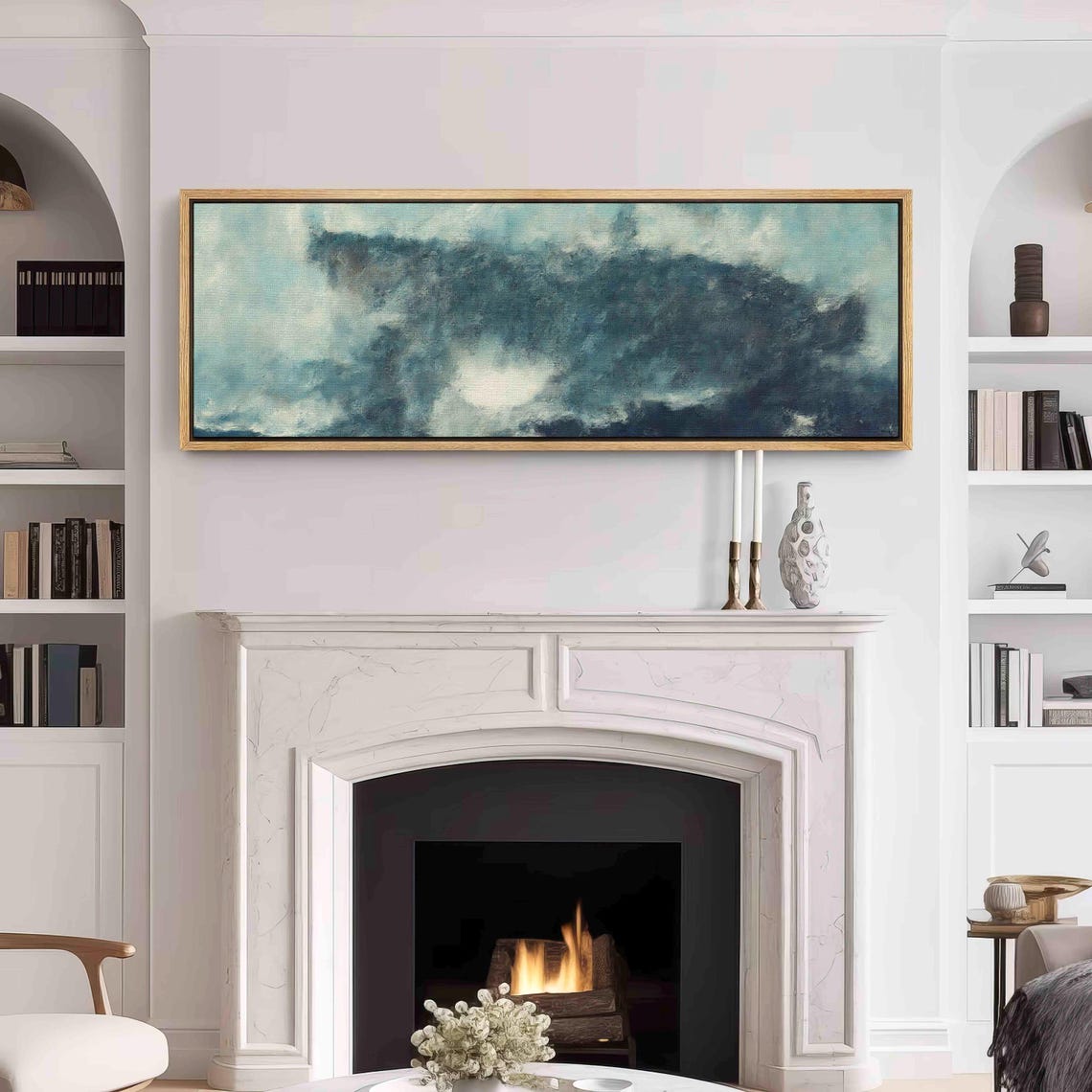Moody Abstract Ocean Wave Navy Clouds Panoramic Painting Wall Art - Image 3