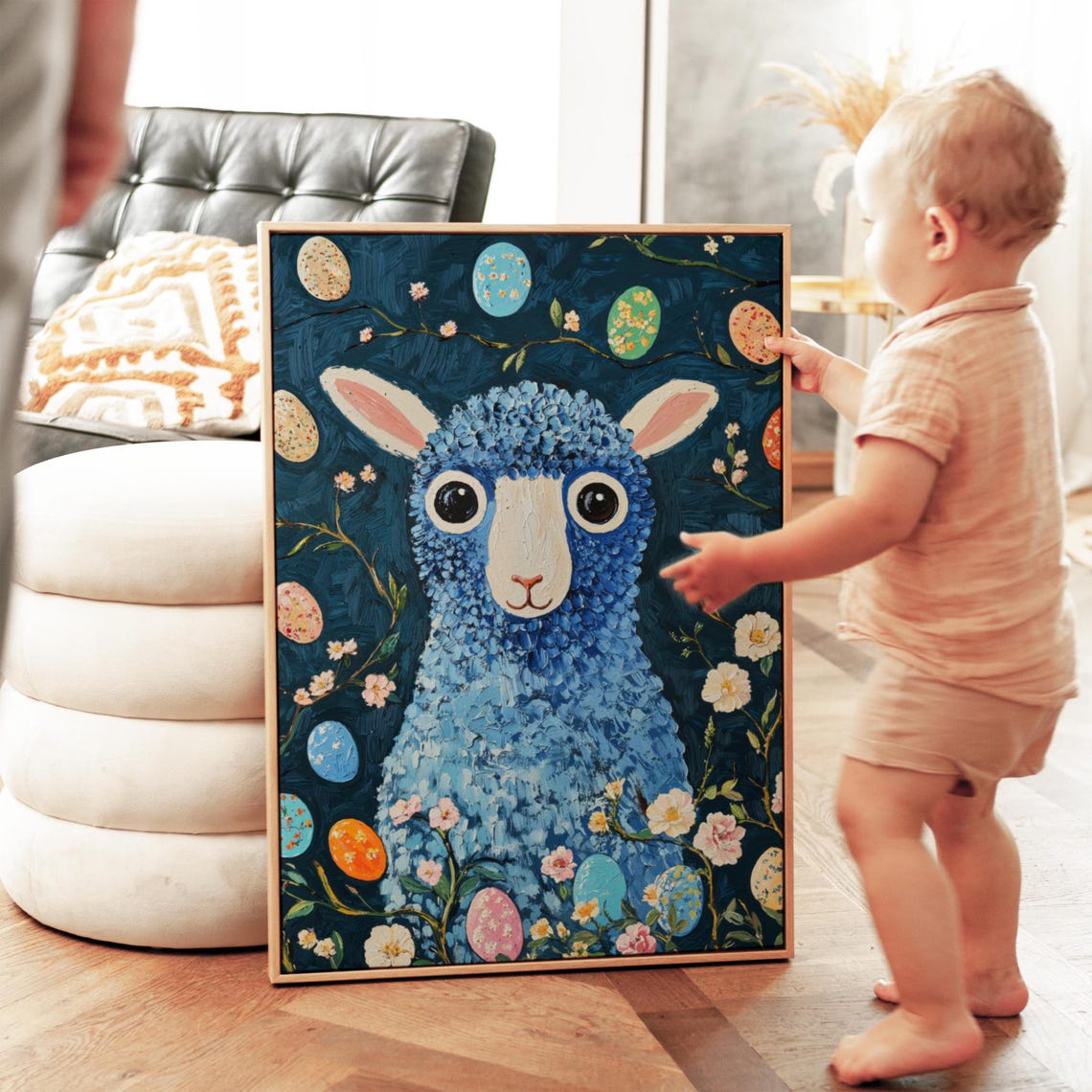 Cute Blue Lamb Easter Eggs Blossoms Dark Teal Whimsical Animal Poster - Image 4