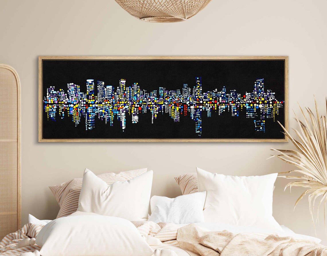 City Skyline Night Made of Colorful Glowing Dots Panoramic Wall Art - Image 2
