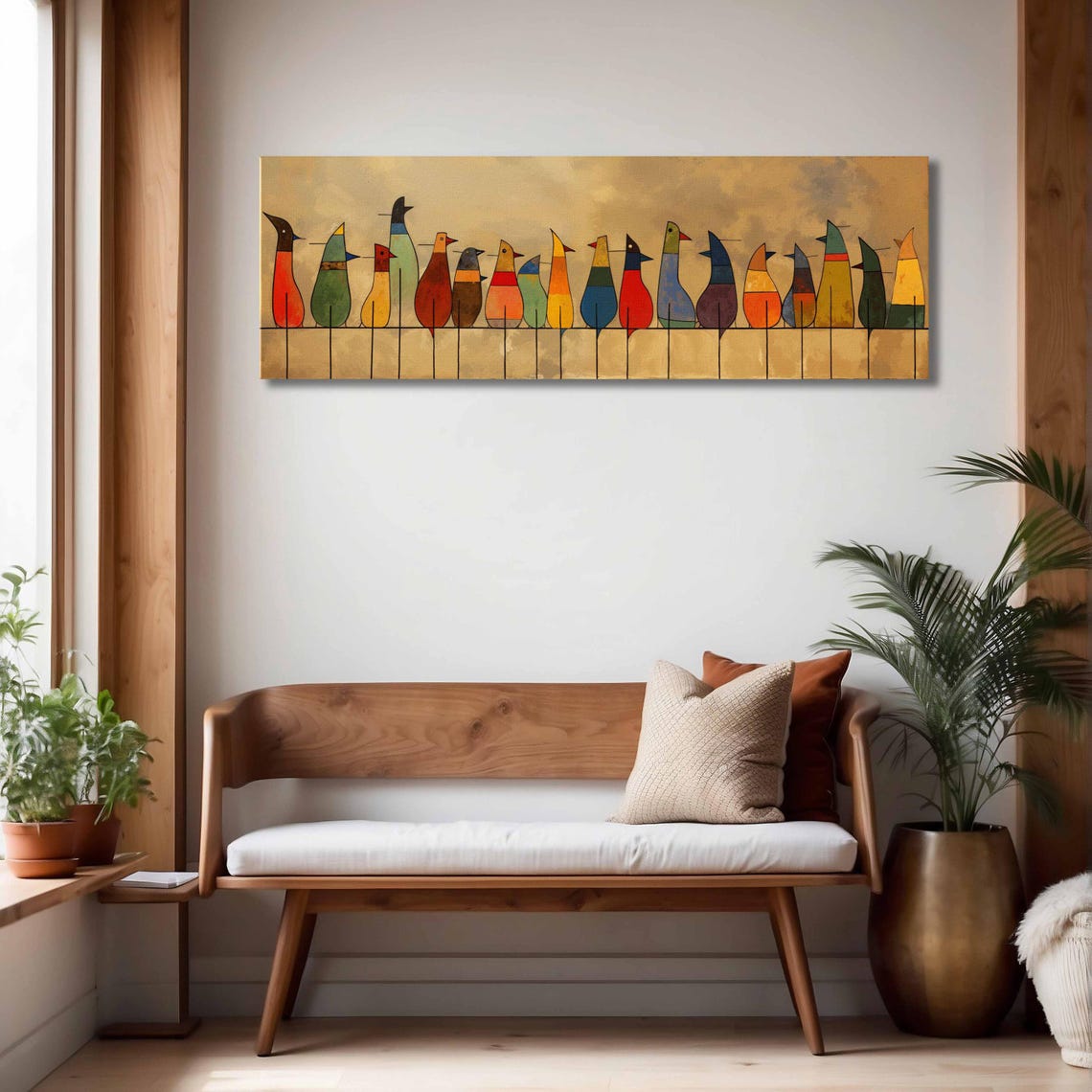Tall Folk Art Birds On Wire Warm Gold Panoramic Minimalist Art Print - Image 4