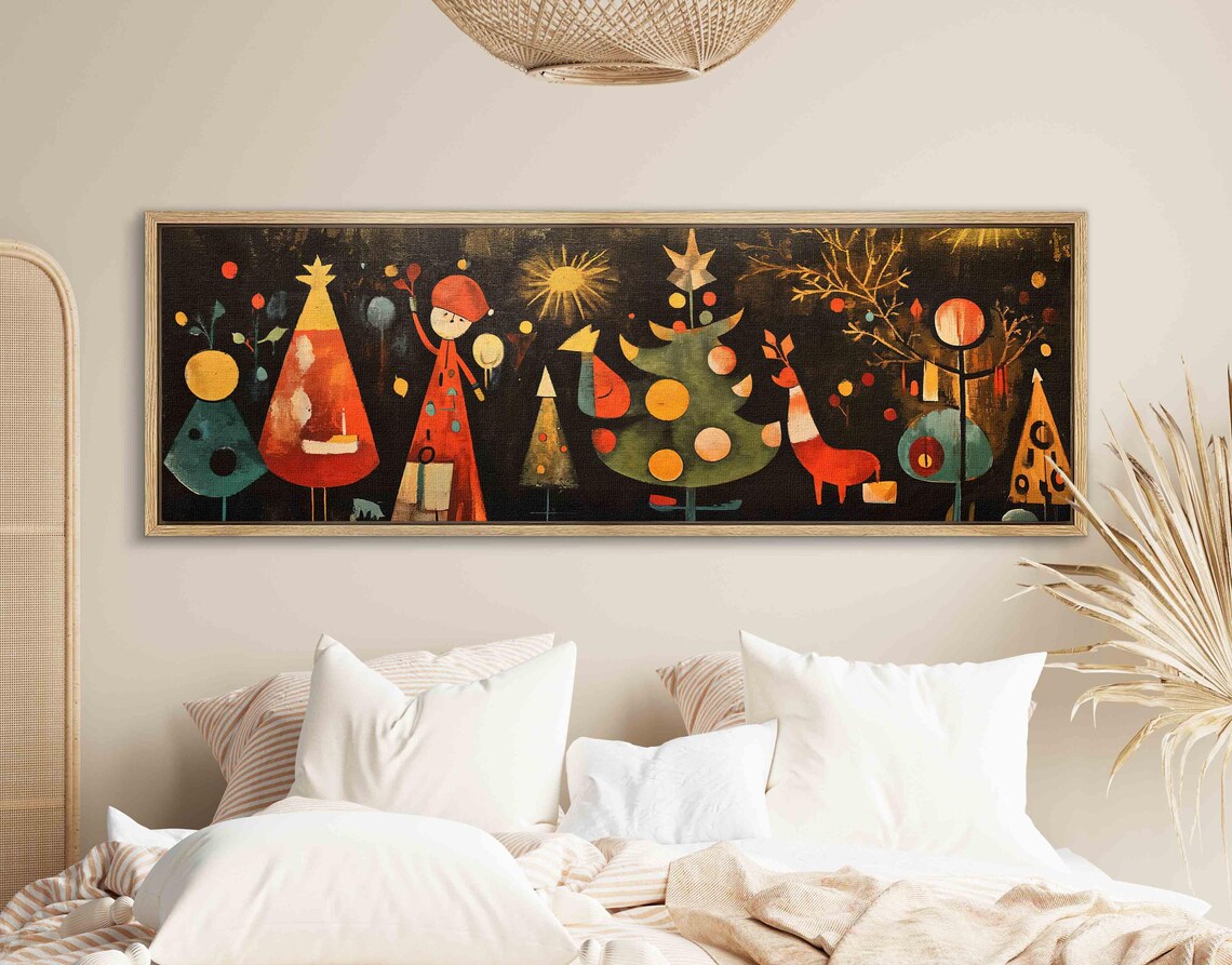 Playful Mid Century Christmas Girl Reindeer Trees Whimsical Wall Art - Image 2