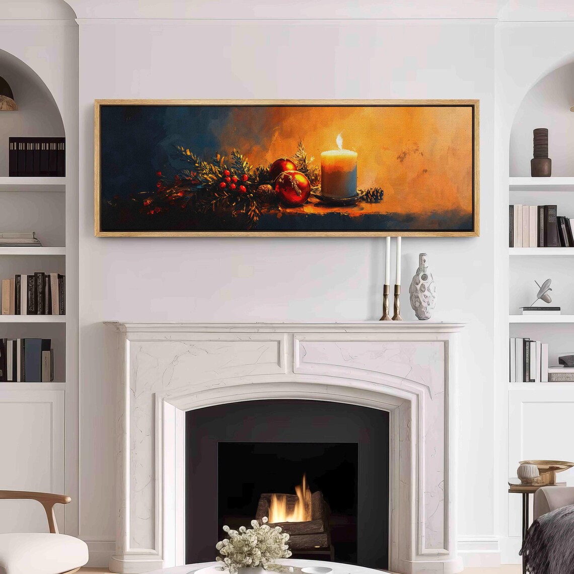 Christmas Candle With Red Ornaments Pine Still Life Moody Wall Art - Image 3