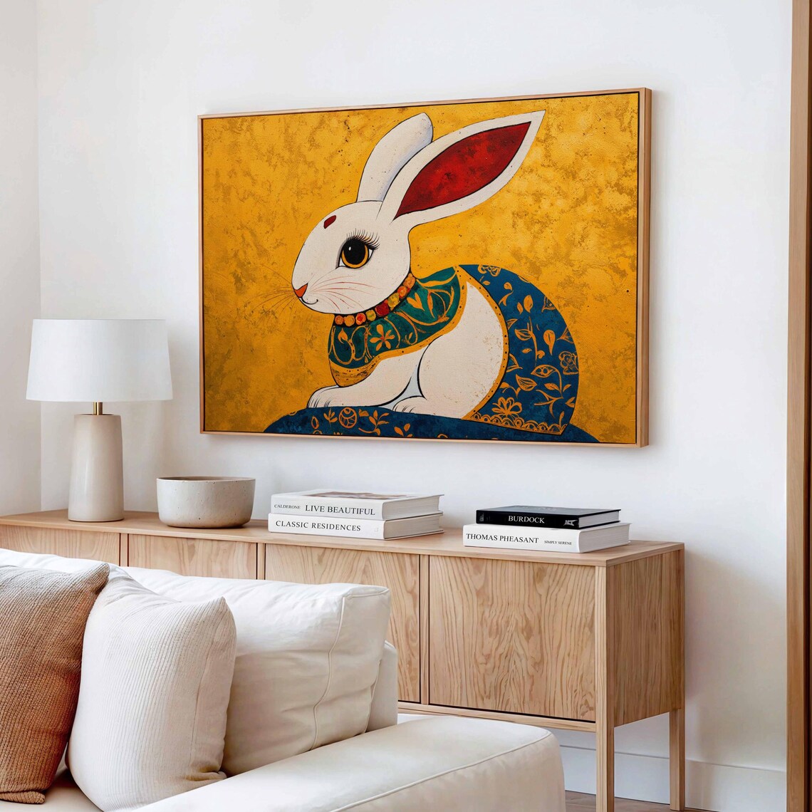 Folk Art Rabbit Gold Background Ornate White Bunny Decor Poster