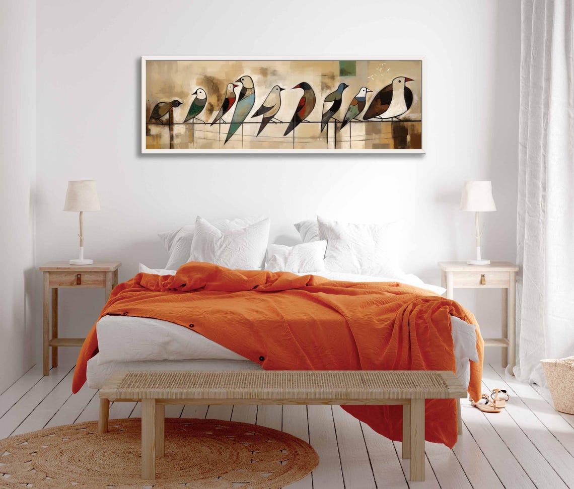 Stylized Birds On Wire Teal Rust Beige Mid Century Modern Art Poster - Image 2