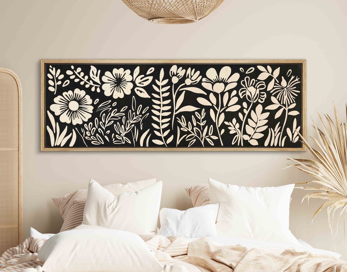 Black White Floral Silhouette Panoramic Modern Botanical Art Print - Image 4