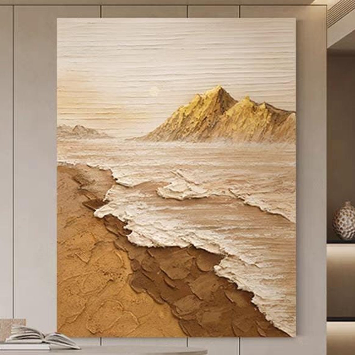 Tan Seaside Landscape with Golden Mountains Thick Texture Beach Poster
