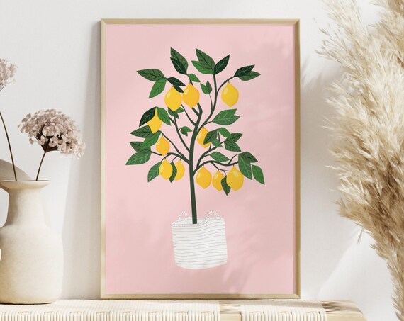 Lemon Tree In Basket Pink Background Sweet Minimal Botanical Kitchen Poster