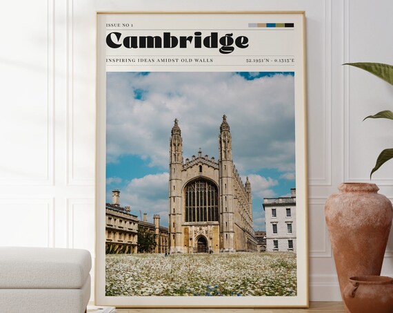 Cambridge Kings College Chapel Wildflower Vintage Travel Poster