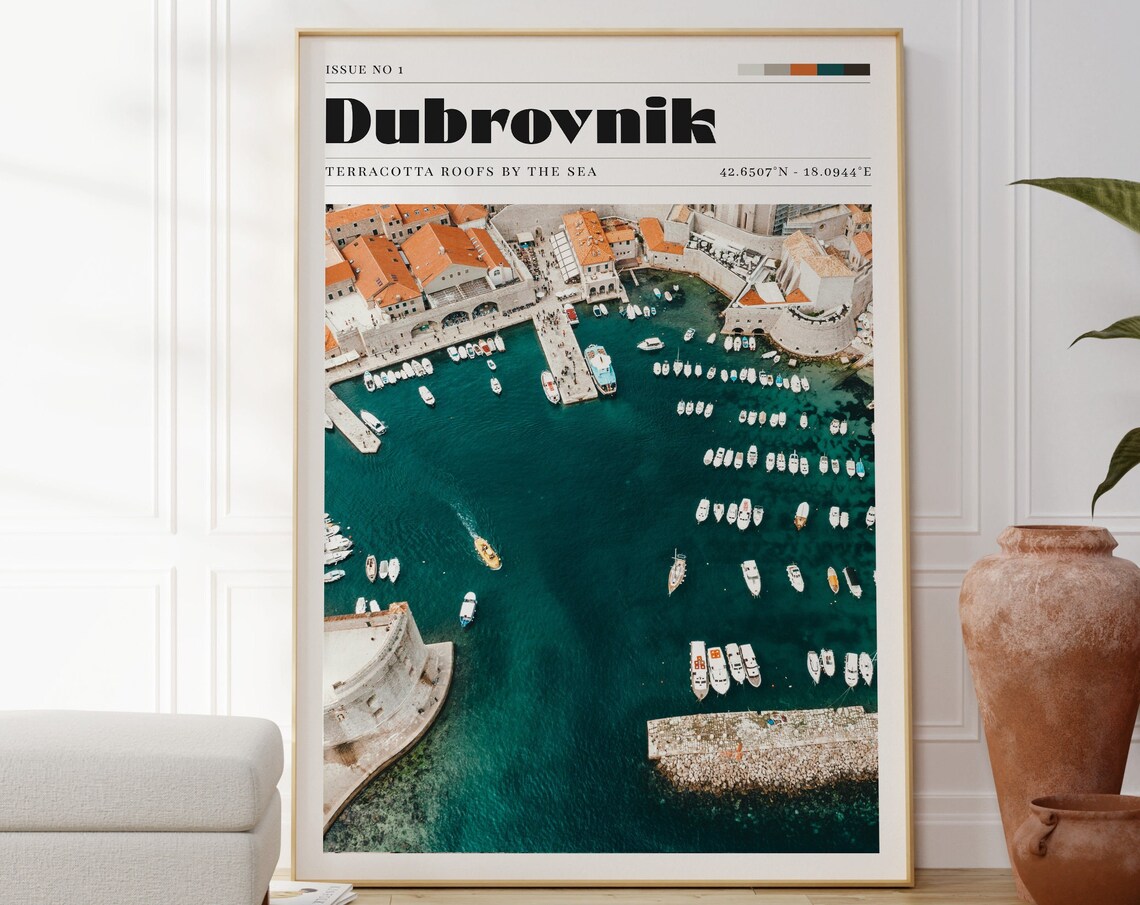 Dubrovnik Croatia Old Town Harbor Aerial Vintage Travel Poster