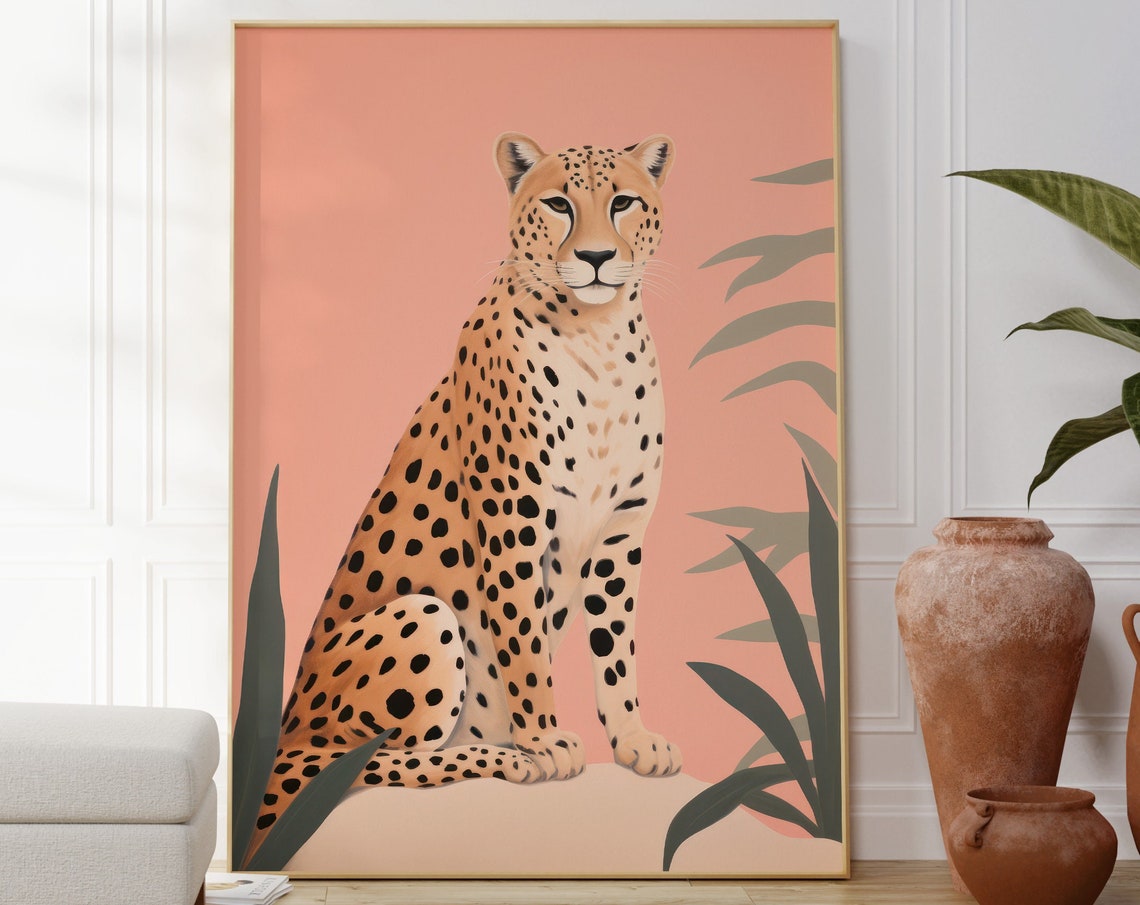 Graceful Cheetah Peach Background Modern Tropical Wildlife Poster