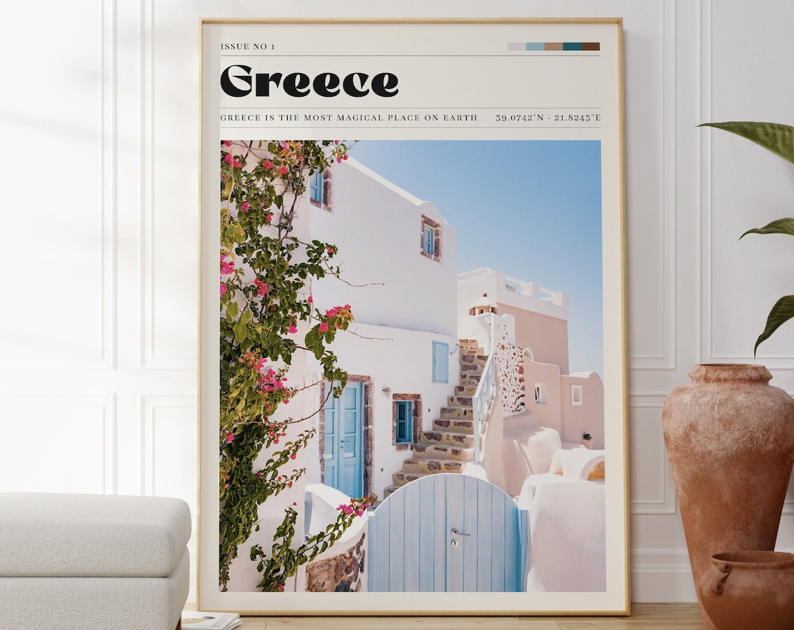 Greece Village Retro Travel Poster Magazine Style Bougainvillea