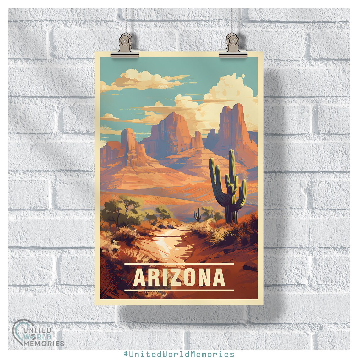 Arizona Vintage Desert Landscape Saguaro Red Rocks Retro Poster
