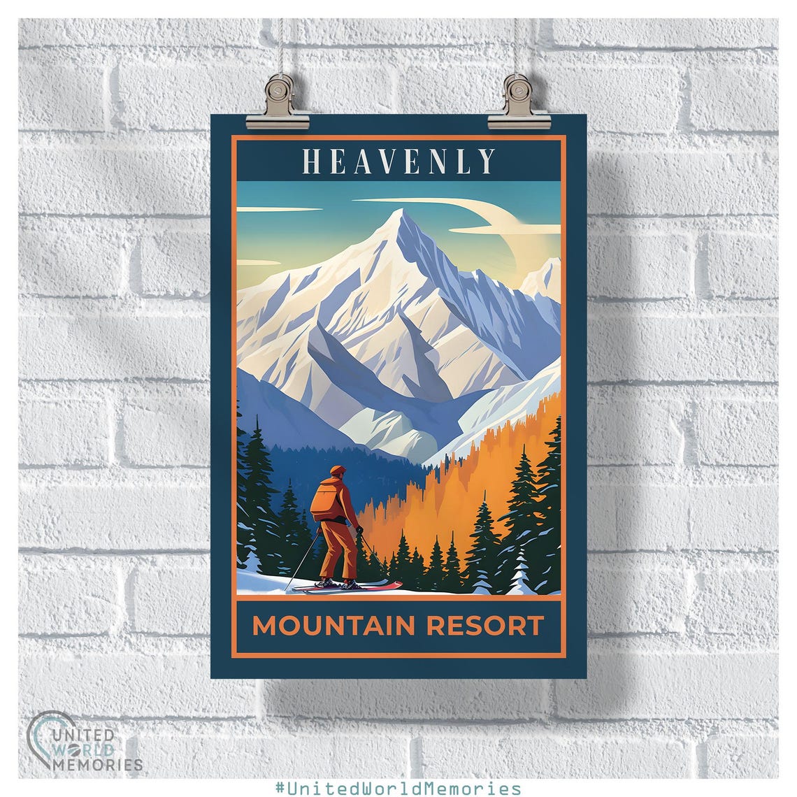 Heavenly Mountain Resort Skier Snowy Peak Alpine Orange Travel Poster