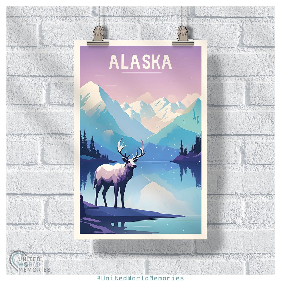 Alaska Bull Elk Wildlife Reflection Lake Mountains Travel Poster