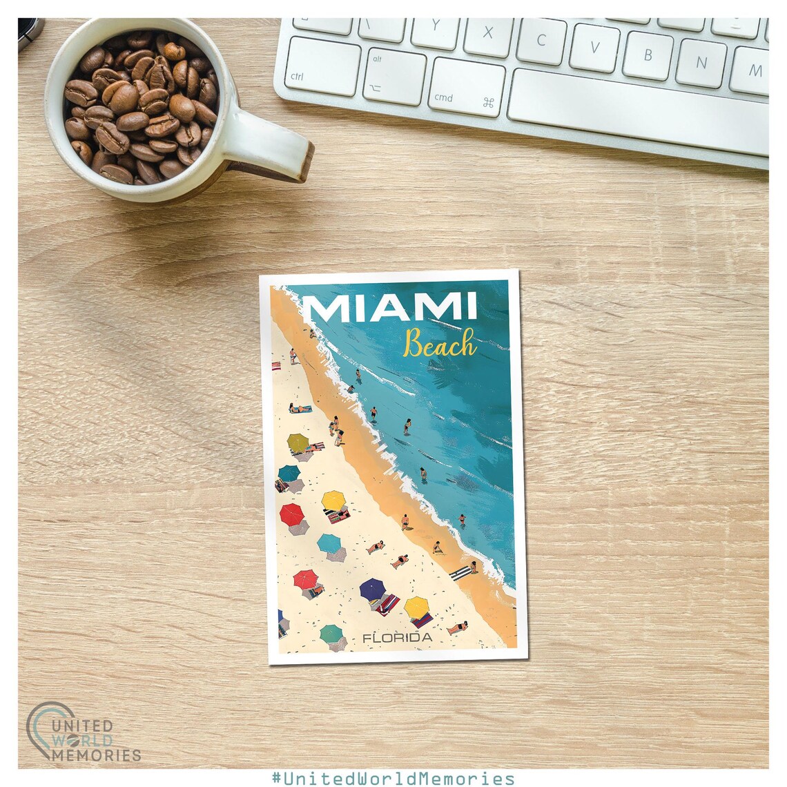 Miami Beach Florida Aerial Umbrella Scene Retro Travel Poster