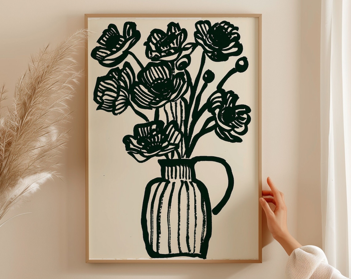 Black Line Art Flower Vase Beige Neutral Botanical Wall Poster