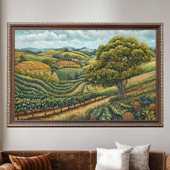 Rolling Vineyard Hills Oak Tree Countryside Landscape Painting Poster
