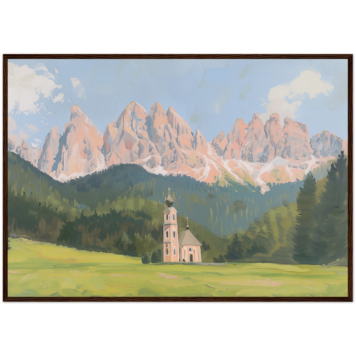 Dolomites Italy Alpine Church Pastel Mountain Landscape Oil Painting Wall Art