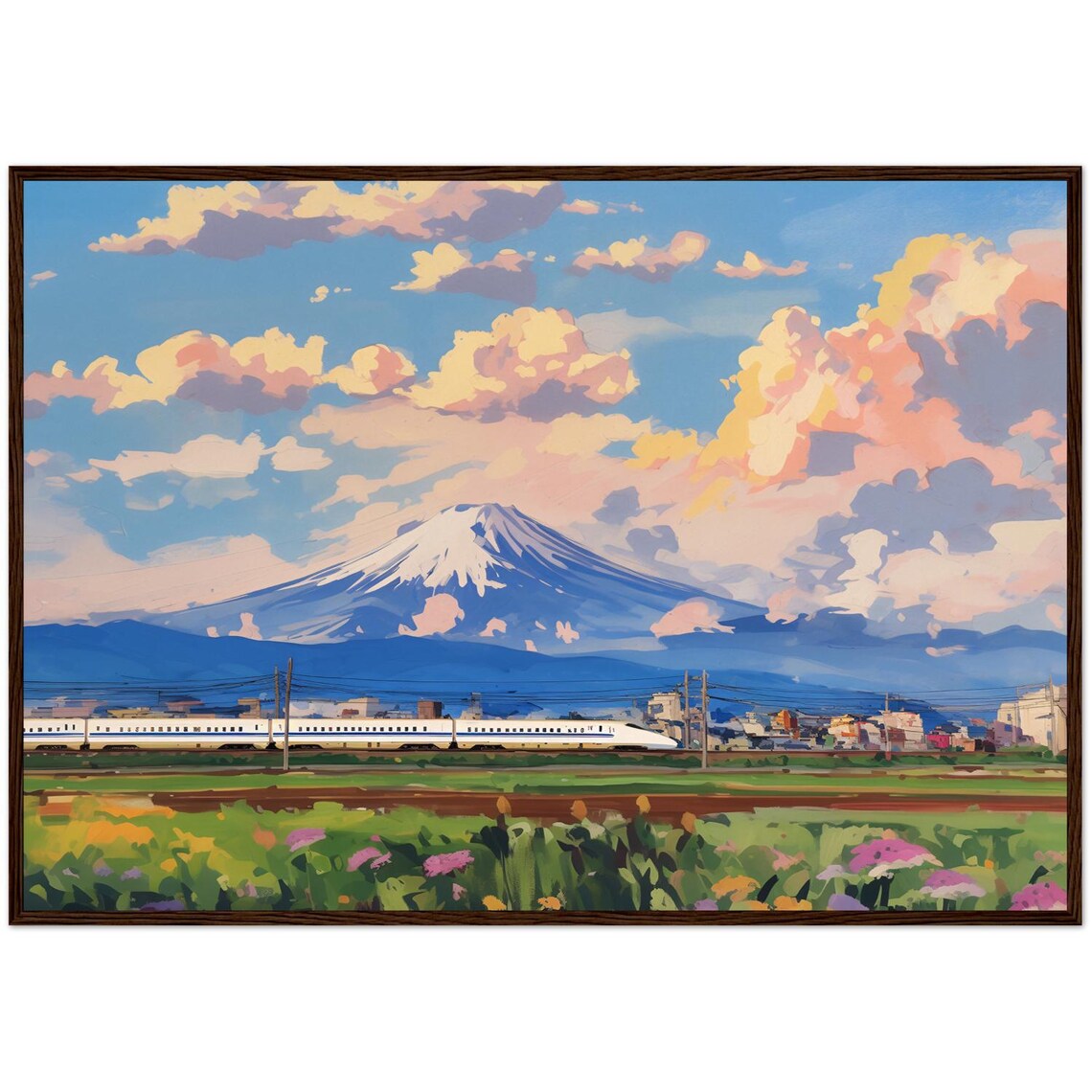 Mount Fuji Japan Shinkansen Bullet Train Oil Painting Art Poster