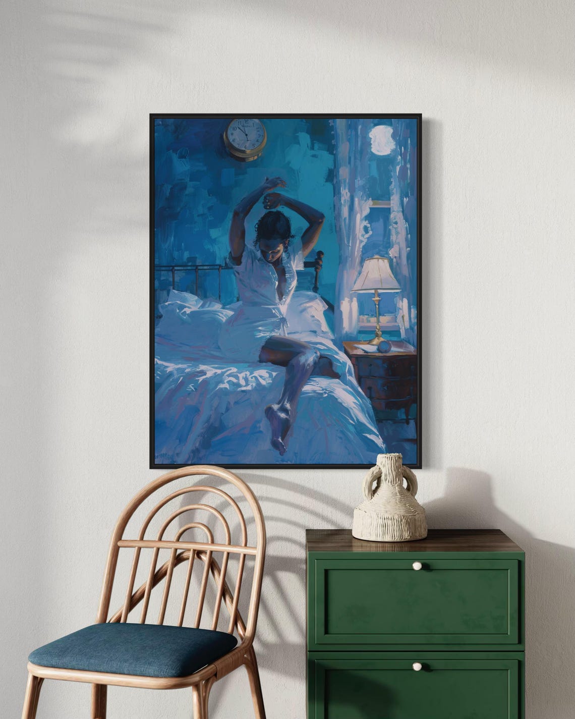 Blue Night Woman Stretching Bed Dreamy Moonlit Bedroom Art Poster - Image 4