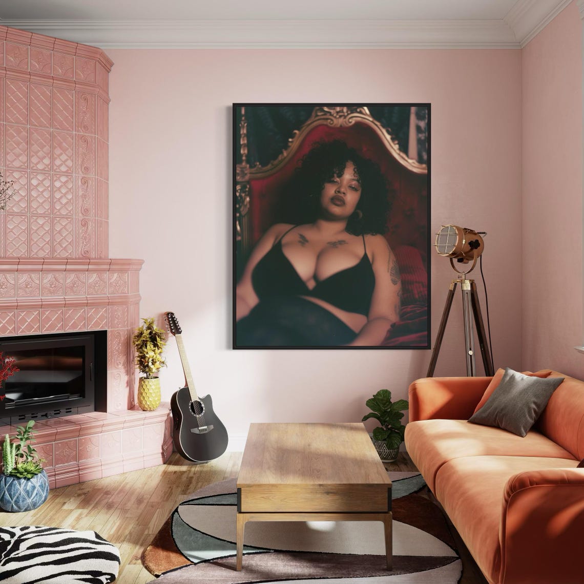 Boudoir Portrait Curvy Woman Black Lingerie Red Bed Art Poster - Image 5
