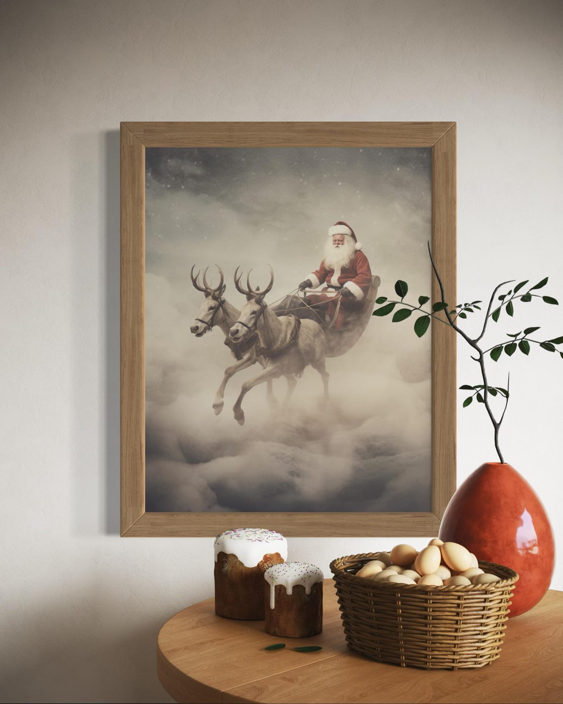 Santa Claus Flying Sleigh With Reindeer Dreamy Winter Sky Poster - Image 2