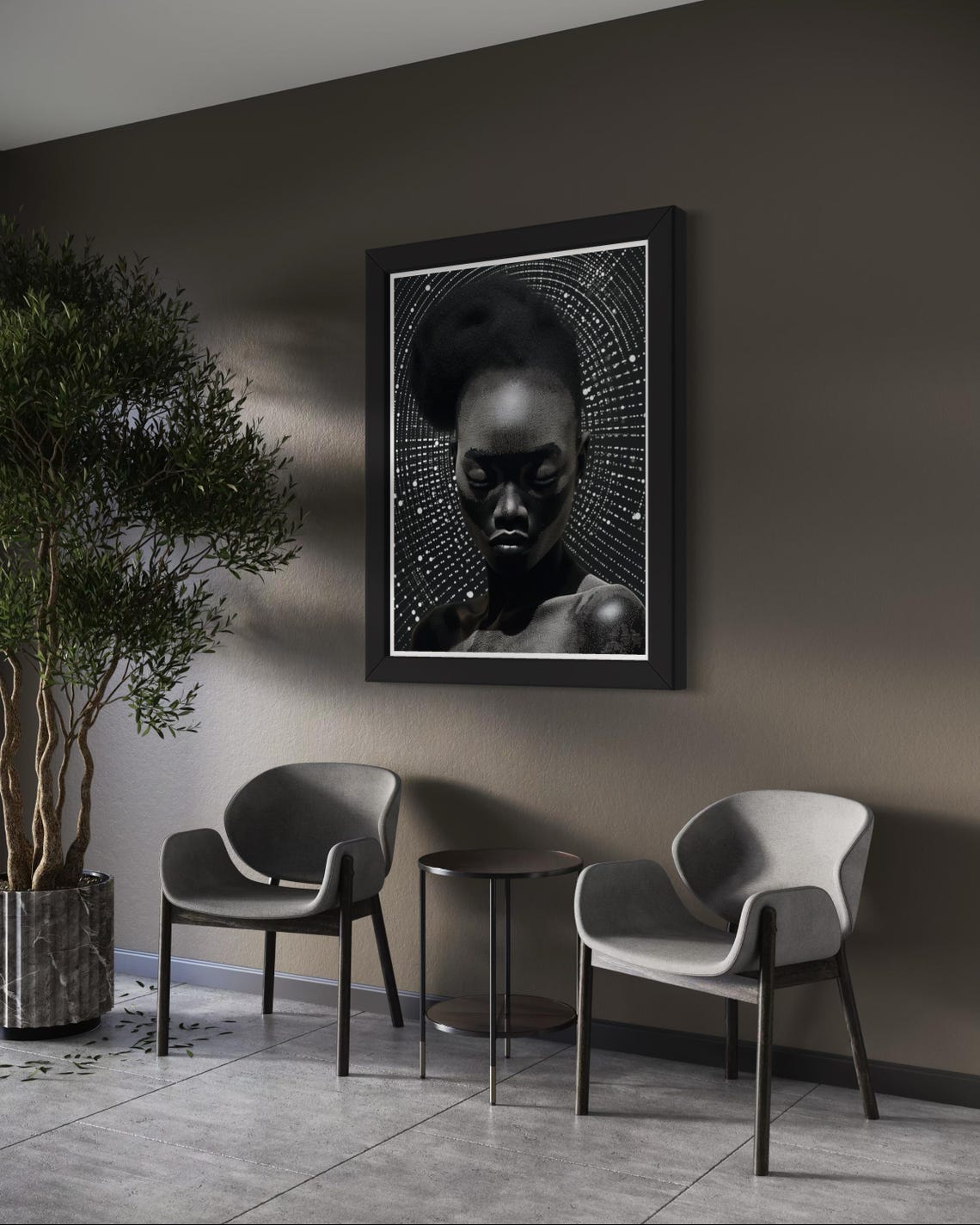 Black and White Woman Portrait Dotted Starburst Dramatic Wall Art - Image 5